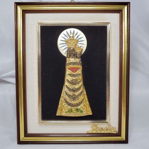 VTG Our Lady of Loreto 3D Plaque Icon In Gold & Black Velvet Frame 7.75" x 6" - Picture 1 of 9